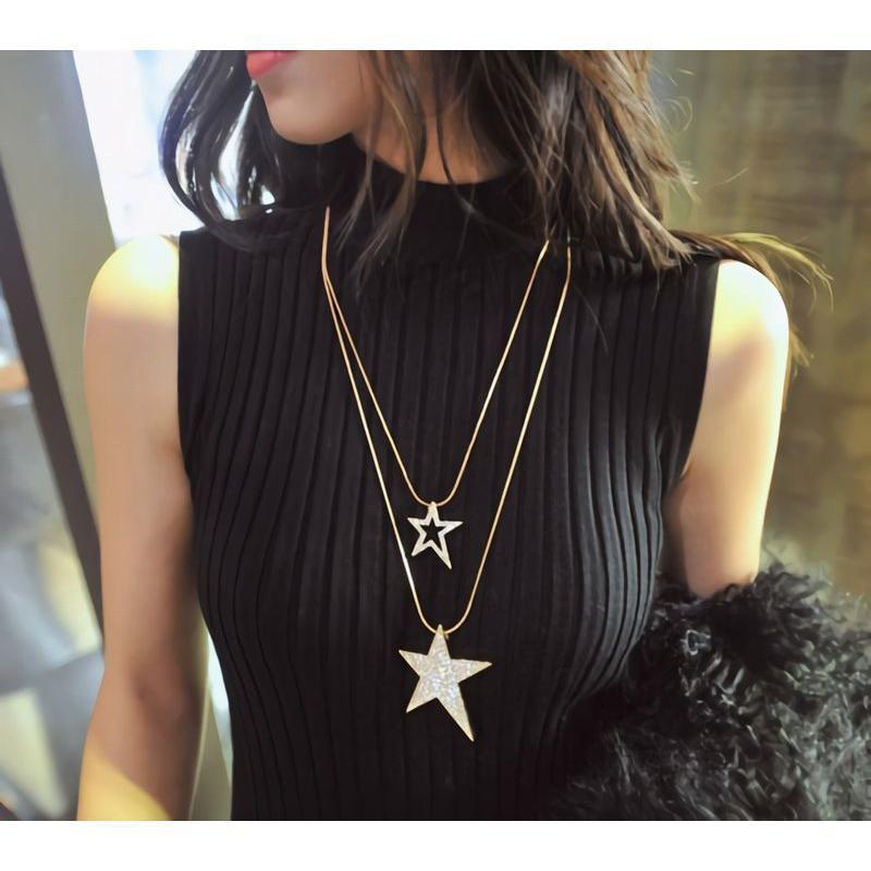 ニャンワークショップのネックレス ロングネックレス 2連 2重 ペンダント アクセサリー レディース 星 スター 五芒星 ラインストーン チェーン お出掛け ギフト 記念日｜アングル2