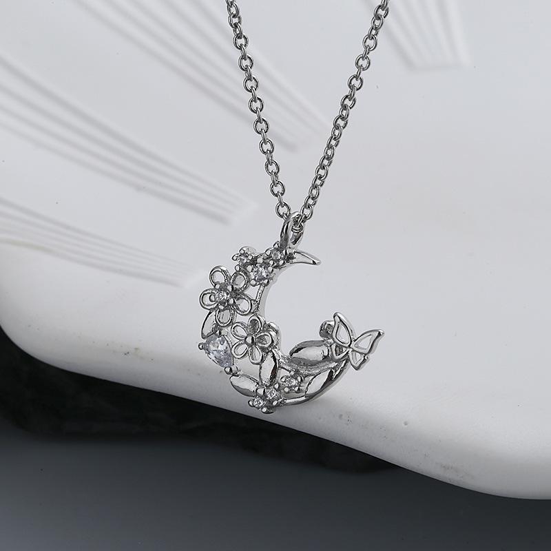 ネックレス ペンダント レディース アクセサリー シルバーカラー あずきチェーン ムーン 月 バタフライ フラワー ラインストーン キラキラ 上品 大