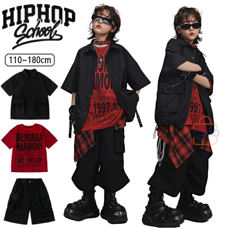 其它 - 英字柄 黒 赤 ダンス衣装 ヒップホップ キッズ シャツ 半袖 tシャツ ハーフパンツ 子供ダンスセットアップ 男の子 女の子 かっこいい k-pop hiphop 練習服