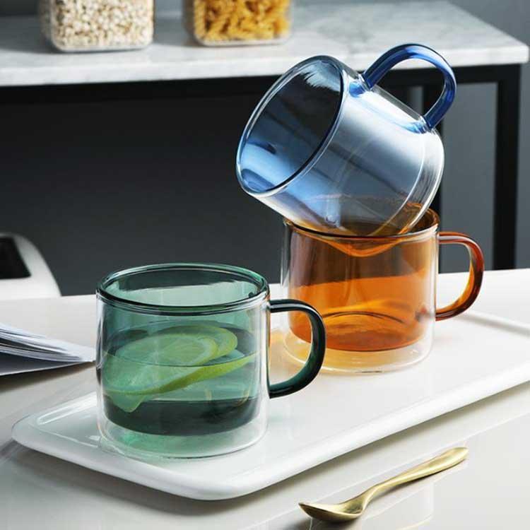 ニャンワークショップの2個セット ダブルウォールグラス マグカップ 250ml 耐熱ガラス 二重ガラスカップ マグ カップ コップ 取っ手付き 二重グラス ティーカップ コ｜アングル2