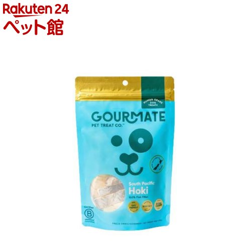 お店TOP＞犬用品＞犬のおやつ・サプリメント＞犬のジャーキー・ガム・骨＞ソフトジャーキー＞GOURMATE(グルメイト) フリーズドライトリーツ ホキ(白身魚) (45g)【GOURMATE(グルメイト) フリーズドライトリーツ ホキ(白身魚)の商品詳細】●ニュージーランドの澄んだ海域で猟獲された天然ホキを使用。●あまり聞きなじみのない名前かもしれませんが、ホキは白身魚フライやフィッシュバーガー、練り物などに使われ、コンビニ弁当や給食でもおなじみの、実はとても身近な魚です！●クセが少なく柔らかな白身は高タンパク・低脂肪で、皮膚・被毛・関節・心臓・目の健康に役立つオメガ3脂肪酸を含んでいます。●さらに海洋性コラーゲンもプラスするため、皮もそのままフリーズドライ加工にしました。●ヒューマングレードの天然素材を使用し、余計な添加物は一切不使用。●分厚くカットされているため食べ応え抜群で、新鮮なうちに加工されているため臭みもありません。●素材本来の味と香りをそのまま閉じ込めた、こだわりの一品です。●フリーズドライなので簡単に水で戻すことができ、ごはんのトッピングとしてもご使用いただけます。【召し上がり方】給与量：1-2個【品名・名称】ペットトリーツ【GOURMATE(グルメイト) フリーズドライトリーツ ホキ(白身魚)の原材料】ニュージーランド産 ホキ 100％【栄養成分】粗たん白質：70.0％以上、粗脂肪：10.0％以上、粗繊維：1.0％以下、水分：2.0％以下【注意事項】・直射日光・高温多湿を避け、冷暗所で保管してください。開封後はジッパーをしっかり閉めてください。・天然素材を使用しているため、猟獲時期により、色・形・香りが若干異なる場合がございます。【発売元、製造元、輸入元又は販売元】グッドスマイルインターナショナルリニューアルに伴い、パッケージ・内容等予告なく変更する場合がございます。予めご了承ください。グッドスマイルインターナショナル京都府京都市左京区岩倉西五田町29-1075-585-6777広告文責：楽天グループ株式会社電話：050-5306-1825[犬用品]