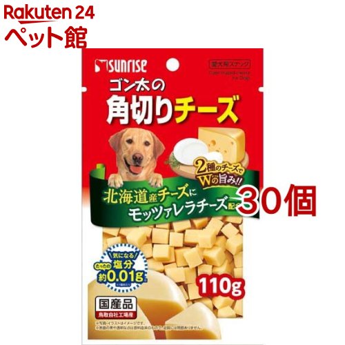 お店TOP＞犬用品＞犬のおやつ・サプリメント＞ビスケット・クッキー・パン ・ボーロ＞その他＞ゴン太の角切りチーズ (110g*30コセット)【ゴン太の角切りチーズの商品詳細】●風味豊かなチーズを主原料とした嗜好性の高いスナックです。●一口サイズにカットしてあるので手軽に与えることができ、おやつやしつけのごほうびにおすすめです。【ゴン太の角切りチーズの原材料】でん粉類、糖類、乳類(チーズ、乳たん白等)、油脂類、穀類、ミネラル類(リン酸カルシウム)、乳化剤、増粘安定剤(グリセリン)、品質保持剤(プロピレングリコール)、保存料(ソルビン酸カリウム)、pH調整剤、香料、着色料(黄4)、酸化防止剤(エリソルビン酸ナトリウム、ミックストコフェロール、ローズマリー抽出物)【保証成分】たん白質・・・4.0％以上脂質・・・4.4％以上繊維質・・・2.0％以下灰分・・・7.0％以下水分・・・42.0％以下【ブランド】ゴン太【発売元、製造元、輸入元又は販売元】マルカン サンライズ事業部※説明文は単品の内容です。リニューアルに伴い、パッケージ・内容等予告なく変更する場合がございます。予めご了承ください。(0.1kg)・単品JAN：4973321910265マルカン サンライズ事業部583-0008 大阪府藤井寺市大井2-478-80120-64-7181広告文責：楽天グループ株式会社電話：050-5306-1825[犬用品/ブランド：ゴン太/]