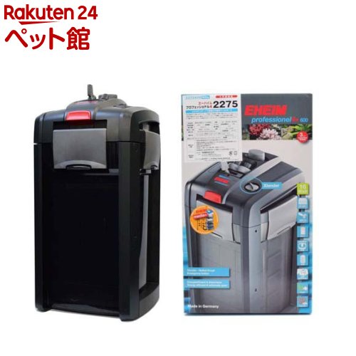お店TOP＞アクアリウム用品＞アクアリウム用ろ過器・フィルター＞エーハイム プロフェッショナル4 2275 60Hz 西日本用 2275420 (1個)【エーハイム プロフェッショナル4 2275 60Hz 西日本用 2275420の商品詳細】●ろ材・パイプ・ホースなどがセットに含まれているので、すぐにセットして使用を開始できます。●フィルターケース・ホース・パイプ類はシックなグレーカラーに統一されています。●ろ材が目詰まりして流量が落ちた際に流量を回復することができる「エクステンダーノブ」搭載。●モーターヘッドから簡単に吸排水ホースを着脱できるホースアダプター付き。●フィルターケースへの呼び水が簡単に行える呼び水ボタン付き。●モーターヘッドをしっかり固定し、取り外しが簡単な大型クリップ採用。●最上段のプレフィルターコンテナが最初に飼育水の粗いゴミをこし取ります。こまめに取り出して洗うことで他のろ材の掃除を行う頻度を軽減できます。【使用方法】・取扱説明書をよくお読みの上、設置および使用を開始してください。・本製品はサイフォンの原理を利用して飼育水を循環させます。必ず本製品を水槽より下に設置し、呼び水をおこなってから運転を開始してください。・水槽水面とフィルター最下部との高低差は最大1.8m以内になるよう設置してください。・呼び水機能を確実にするため、水槽フチと水面との距離は10cm以内におさめてください。【セット詳細】フィルター本体、吸排水ホース、吸水パイプ、ストレーナー、オーバーフローパイプ、シャワーパイプ、止水栓、クリップ付き吸着盤(4個)、ホースアダプター、ホースクランプ、プレフィルターコンテナ、ろ材コンテナ(4個)、ろ材コンテナカバー、プレフィルター用粗目パッド、細目フィルターパッド、ろ材(サブストラットプロ、バイオメック、メックプロ)、クッションラバー(4個)【規格概要】・淡水／海水両用、屋内専用、日本国内(西日本・60Hz地域)専用・適合水槽(目安)：約90〜120cm (約157〜240L) ※1・定格電圧／周波数：AC100V 60Hz・定格消費電力：18W・ポンプ性能：1250L／h(理論値)※2・最大揚程：2.0m ・本体寸法：約 幅244x奥行238x高さ453mm・ホース径：吸排水とも 内径16／外径22mm・ろ過槽容量：約9.2L・ろ材容量：ろ材コンテナ1.5L×4個+プレフィルターコンテナ0.5L×1個・材質：SAN、ABS等※1 適合水槽は、実際の使用環境を想定した目安として設定しています。※2 ポンプ性能とは、モーター部分を単独運転させたときの理論上の最大流量を示します。使用環境により実際の流量とは異なります。【注意事項】・50Hz、60Hzそれぞれ地域別に製造されています。ご購入の際はご注意ください。※1・本製品は観賞魚用品です。他の用途に使用しないでください。・本製品は屋内使用専用です。・本製品は水槽より低い位置に置いて使用してください。※1 電源周波数は、およそ糸魚川(新潟県)と富士川(静岡県)を境界として東日本は50Hz、西日本は60Hzと異なります。一部、混在地区もありますので、ご不明な場合はご契約の電力会社にご確認ください。【ブランド】エーハイム【発売元、製造元、輸入元又は販売元】神畑養魚リニューアルに伴い、パッケージ・内容等予告なく変更する場合がございます。予めご了承ください。神畑養魚兵庫県姫路市御立中3-3-20079-297-5420広告文責：楽天グループ株式会社電話：050-5306-1825[アクアリウム用品/ブランド：エーハイム/]