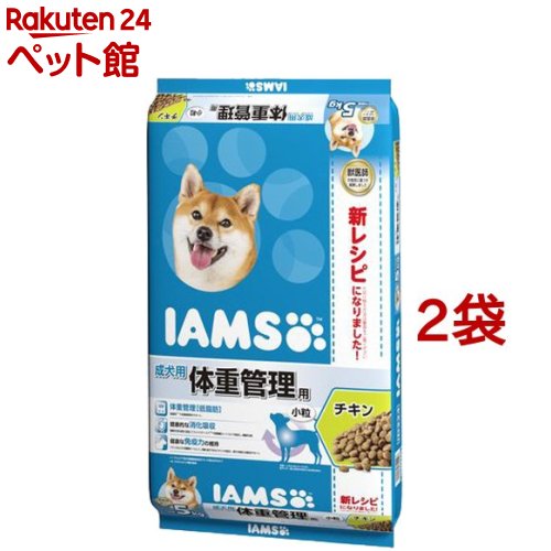 お店TOP＞犬用品＞ドッグフード(ドライフード)＞成犬用ドッグフード＞アイムス＞アイムス 成犬用 体重管理用 チキン 小粒 (5kg*2コセット)【アイムス 成犬用 体重管理用 チキン 小粒の商品詳細】●体重管理(低脂肪)低脂肪*1で体重管理をサポート。*1アイムスTM成犬用健康維持用チキン小粒比30％オフ●健康的な消化吸収健康的な消化吸収に配慮してプレバイオティクス*2や食物繊維(ビートパルプ)を配合し、健康的な便。*2フラクトオリゴ糖を使用●健康な免疫力の維持バランスのとれた栄養素の一つとしてビタミンEを配合し、健康を維持することで愛犬の免疫力の維持をサポート。●歯の健康維持カリカリの粒を噛むことで、口臭の原因となる歯垢の蓄積を抑える。●健やかな皮膚と輝く毛並みオメガ-6脂肪酸(チキンオイル由来)とオメガ-3脂肪酸(フィッシュオイル由来)の働きで、健やかな皮膚と輝く毛並みの健康を維持。【アイムス 成犬用 体重管理用 チキン 小粒の原材料】小麦、とうもろこし、肉類（チキンミール、家禽ミール）、大麦、チキンオイル、家禽エキス、乾燥ビートパルプ、乾燥酵母、フィッシュオイル、STPP (トリポリリン酸塩）、フラクトオリゴ糖、L-カルニチン、ビタミン類（A、B1、B2、B6、B12、D3、E、K3、コリン、ナイアシン、パントテン酸、ビオチン、葉酸）、ミネラル類（亜鉛、カリウム、カルシウム、クロライド、セレン、鉄、銅、ナトリウム、マンガン、ヨウ素）、アミノ酸類（メチオニン）、酸化防止剤（BHA、BHT、クエン酸）【栄養成分】タンパク質：21.0％以上、脂質：8.5％以上、12.5％以下、粗繊維：4.0％以下、灰分：8.0％以下、水分：12.0％以下【注意事項】*原材料の産地や収穫時期により粒の色やサイズなどの見た目、においに若干ばらつきがありますが、品質上の問題はありません。 *原材料の繊維等が粒の表面に見えることがありますが、品質上の問題はありません。*粒の色や香りは自然由来です。【ブランド】アイムス【発売元、製造元、輸入元又は販売元】マースジャパンリミテッド※説明文は単品の内容です。リニューアルに伴い、パッケージ・内容等予告なく変更する場合がございます。予めご了承ください。(ドッグフード ドックフード ペットフード ドライ ドライフード カリカリ 犬 いぬ イヌ 犬フード 犬用ドライフード 犬の餌 犬のエサ 犬のえさ 餌 えさ エサ 成犬 アダルト 【iamsd111609】)・単品JAN：19014614196/(/F103602/F115904/)/マースジャパンリミテッド108-0075 東京都港区港南1-2-70 品川シーズンテラス7F0800-800-5874広告文責：楽天グループ株式会社電話：050-5306-1825[犬用品/ブランド：アイムス/]