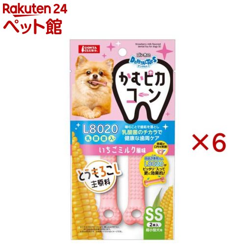 お店TOP＞犬用品＞犬のおもちゃ・しつけ＞その他おもちゃ＞ゴン太のデンタルトイかむピカコーン いちごミルク風味 SSサイズ (2本入×6セット)【ゴン太のデンタルトイかむピカコーン いちごミルク風味 SSサイズの商品詳細】●甘いいちごミルクの香り！とうもろこし主原料で安心・愛犬の興味をそそる甘いいちごミルクの香り付きです。・トウモロコシを主原料とした、安心して噛めるデンタルトイです。●L8020乳酸菌のチカラで健康な歯周ケア・噛むことで歯の汚れを落とすだけでなく、L8020乳酸菌を配合。・毎日のデンタルケアを楽しくサポートします。●突起が口内を心地よく刺激・本体表面にある多くの突起が、噛むたびに口内を適度に刺激し、遊びながら歯垢除去を助けます。●さらなる効果！別売のガムをセット可能・本品の両端にある穴に、別売の「歯磨き専用ガムL8020」をセットすることで、より効果的なケアが期待できます。●おやつを入れてさらに楽しく・直径8mm以内のお好みの小粒おやつを穴に通して使用可能。飽きずに長く遊べて、ストレス解消にも役立ちます。【発売元、製造元、輸入元又は販売元】マルカン※説明文は単品の内容です。リニューアルに伴い、パッケージ・内容等予告なく変更する場合がございます。予めご了承ください。・単品JAN：4906456587422マルカン532-0011 大阪市淀川区西中島7-1-26072-931-0345広告文責：楽天グループ株式会社電話：050-5306-1825[犬用品]