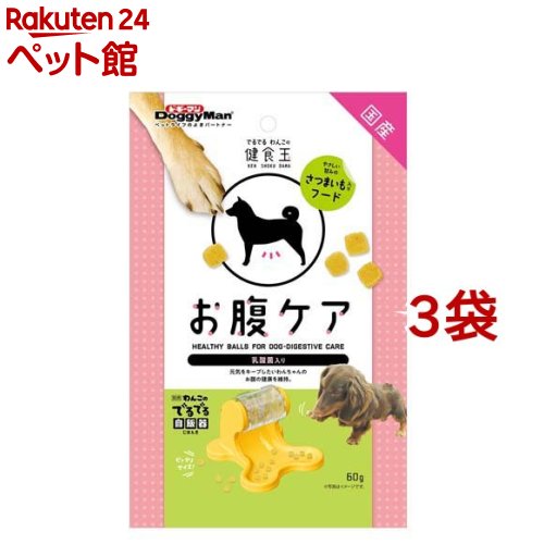 お店TOP＞犬用品＞犬のおやつ・サプリメント＞サプリ＞その他成分サプリ＞ドギーマン でるでる わんこの健食玉 お腹ケア (60g*3袋セット)【ドギーマン でるでる わんこの健食玉 お腹ケアの商品詳細】●『わんこのでるでる自飯器』に入れて楽しく食べるのにぴったりなサプリ玉。●食物繊維やビタミンを含む甘みが魅力のさつまいもが入ったおいしいフード。●乳酸菌を配合。お腹の健康維持をサポート。●トータル的な健康維持管理におなかの健康維持から気を使う犬ちゃんにぴったりなサプリメントスナック。●コロコロした形状のしっとりやさしい食感のひとくちフード。【使用方法】・目安給与量を参考に1日1〜数回に分け、おやつとして与えてください。【ドギーマン でるでる わんこの健食玉 お腹ケアの原材料】肉類(鶏肉、鶏ササミ)、小麦粉、パン粉、糖類、コーンスターチ、小麦たん白、さつまいも、乳酸菌、グリセリン、ソルビトール、ミネラル類(ナトリウム)、ポリリン酸ナトリウム、保存料(ソルビン酸カリウム)、香料、酸化防止剤(ビタミンE)、着色料(黄4)【栄養成分】成分／粗たん白質：9％以上、粗脂肪：6％以上、粗繊維：1％以下、粗灰分：3.5％以下、水分：33％以下【注意事項】お買い上げ後は直射日光・高温多湿の場所を避けて保存してください。個装開封後は密封の上冷蔵し、賞味期限に関わらず早めに与えてください。【ブランド】ドギーマン(Doggy Man)【発売元、製造元、輸入元又は販売元】ドギーマンハヤシ※説明文は単品の内容です。リニューアルに伴い、パッケージ・内容等予告なく変更する場合がございます。予めご了承ください。・単品JAN：4974926012170ドギーマンハヤシ537-0002 大阪府大阪市東成区深江南1-16-140120-086-192広告文責：楽天グループ株式会社電話：050-5306-1825[犬用品/ブランド：ドギーマン(Doggy Man)/]