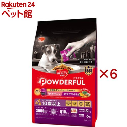 お店TOP＞犬用品＞ドッグフード(ドライフード)＞高齢犬用ドライフード＞その他ブランド＞ビューティープロ ドッグ パウダフル 10歳以上 チキン味・サツマイモ味パウダー付き (6袋入×6セット(1袋270g))【ビューティープロ ドッグ パウダフル 10歳以上 チキン味・サツマイモ味パウダー付きの商品詳細】●獣医師が監修したドッグフードとデリッシュパウダーのセット。●簡単おいしく健康的に「食べムラケア」！●デリッシュパウダーとは：獣医師監修のオリジナルブレンドパウダー。天然素材を贅沢に使用し、ドライフードの栄養バランスを崩さずに風味を変えられます。●ビタミン豊富な緑黄色野菜入り。●きな粉の優しい香りと甘み。●毎日の健康のために「寿穀麹(R)」をミックス！(寿穀麹(R)はバイオジェニック株式会社の登録商標です。)●チキン味パウダー：トッピングの王道。食が進む、さっぱりとした味わい。●サツマイモ味パウダー：ゆたかな香りと甘さで味の変化を実感。●ドライフード：様々な食材を使用して栄養バランスを整えた、おいしくヘルシーなキブル。●小粒タイプ。●シニア犬も食べやすいサクサク粒●年齢とともに減少する抗酸化成分コエンザイムQ10配合。●香料・着色料・保存料 無添加。(ドライフードですので保存料は使用しておりません。)●マリンコラーゲン3000mg／kg配合で、総合健康ケア。●ハウスの乳酸菌L-137(TM)を配合。(「L-137」はハウス食品グループ本社(株)の商標です。)●成犬用総合栄養食。【使用方法】・使い方：フードボウルにドライフードを盛り、上からパウダーをかけるだけ。・パウダー使用量の目安：ドライフード小分け1袋あたりパウダー1包。【セット詳細】ドライフード6袋(270g／袋)＆デリッシュパウダー6包(3g／袋)。【品名・名称】成犬用総合栄養食／セミモイストタイプ【ビューティープロ ドッグ パウダフル 10歳以上 チキン味・サツマイモ味パウダー付きの原材料】・ドライフード：穀類(小麦粉、トウモロコシ、コーンフラワー、小麦ブラン、コーングルテンミール、ライスブラン)、肉類(チキンミール、チキンレバーパウダー)、油脂類(動物性油脂、植物性油脂(オメガ-6脂肪酸含む))、魚介類(フィッシュエキスパウダー、マリンコラーゲン、小魚粉末(DHA、EPA／オメガ-3脂肪酸源))、ビール酵母(β-グルカン源)、乳酸菌加熱菌体、コエンザイムQ10、糖類(オリゴ糖、エリスリトール)、カゼインホスホペプチド、果実類(クランベリーパウダー、ブルーベリーパウダー(アントシアニン源))、トマト(リコピン源)、L-カルニチン、ミネラル類(カルシウム、リン、カリウム、クロライド、鉄、銅、マンガン、グルコン酸亜鉛、硫酸亜鉛、ヨウ素、コバルト)、ビタミン類(A、B2、B6、B12、D、E、パントテン酸、コリン)、酸化防止剤(ミックストコフェロール、ローズマリー抽出物)、バチルスサブチルス(活性菌)、アミノ酸類(アルギニン、タウリン、メチオニン)、グルコサミン、コンドロイチン、ヒアルロン酸・チキン味パウダー：肉類(チキンエキスパウダー、チキンレバーパウダー)、きな粉、野菜類(カボチャパウダー、コマツナパウダー、ニンジンパウダー、ホウレンソウパウダー)、穀物麹( 白米、大麦、赤米、玄米、 粟、 キビ、黒米 、タカキビ、ヒエ)、調味料・サツマイモ味パウダー：サツマイモパウダー、きな粉、チキンレバーパウダー、野菜類(カボチャパウダー、コマツナパウダー、ニンジンパウダー、ホウレンソウパウダー)、穀物麹( 白米、大麦、赤米、玄米、 粟、 キビ、黒米 、タカキビ、ヒエ)【栄養成分】たんぱく質：20.0％以上、脂質：9.0％以上、粗繊維：3.0％以下、灰分：8.0％以下、水分：10.0％以下、カルシウム：0.9％以上、リン：0.7％以上、リノール酸：1.0％以上、ビタミンA：550IU／100g以上、ビタミンE：10.0IU／100g以上、ビタミンB1：0.2mg／100g以上、ビタミンB2：0.3mg／100g以上、ビタミンB6：0.4mg／100g以上、ビタミンB12：0.003mg／100g以上【発売元、製造元、輸入元又は販売元】日本ペットフード※説明文は単品の内容です。リニューアルに伴い、パッケージ・内容等予告なく変更する場合がございます。予めご了承ください。・単品JAN：4902112009215日本ペットフード140-0002 東京都品川区東品川2-2-4 天王洲ファーストタワー5階0120-301-908広告文責：楽天グループ株式会社電話：050-5306-1825[犬用品]