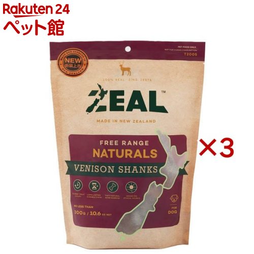 お店TOP＞犬用品＞犬のおやつ・サプリメント＞犬のその他おやつ＞ZEAL 鹿すね (300g×3セット)【ZEAL 鹿すねの商品詳細】●ZEALのトリーツは、100％放し飼いで育てられた動物の単一たんぱく源を使用し、低温熱風乾燥で栄養価と自然の味を損なわずクリスピーに仕上げたおやつです。●新鮮な肉原料をそのまま加工して、豊富なタンパク質をはじめとした最高の栄養を得ることができます。●着色料、発色剤、保存料は一切使用していません。●保存に便利なジッパー付きです。【ZEAL 鹿すねの原材料】鹿のすね【栄養成分】粗たんぱく質：20.0％以上、粗脂肪：8.0％以上、粗繊維：5.0％以下、粗灰分：54.0％以下、水分：10.0％以下、エネルギー：約302Kcal／100gあたり【発売元、製造元、輸入元又は販売元】イトウアンドカンパニーリミテッド※説明文は単品の内容です。リニューアルに伴い、パッケージ・内容等予告なく変更する場合がございます。予めご了承ください。・単品JAN：9421019150387イトウアンドカンパニーリミテッド491-0831 愛知県一宮市森本5-17-270120-07-6010広告文責：楽天グループ株式会社電話：050-5306-1825[犬用品]