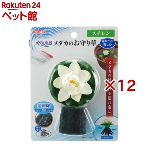 お店TOP＞アクアリウム用品＞水槽＞メダカ水景 メダカのお守り草 スイレン (12セット)【メダカ水景 メダカのお守り草 スイレンの商品詳細】●メダカ鉢などに浮かべて楽しむ、本物みたいな浮き草●メダカのために日除けや隠れ場所をつくり、メダカを守ります。●親メダカが卵を産み付けられるスポンジ付きなので、産卵床としても使用できます。●スポンジ部分は、卵をカビや雑菌から守り、抗菌作用のある特殊繊維(銀世界)を採用しています。●スポンジ部分は取り外せるので、単体で浮かべたり、汚れたら洗って使用することができます。●スポンジ部分は別売の「メダカ元気 卵のお守り産卵床」を付け替えてご使用いただけます。【使用方法】・ご使用の前に、軽く水洗いし、飼育容器に浮かべてご使用ください。【メダカ水景 メダカのお守り草 スイレンの原材料】EVA発泡体、ポリエステル、アクリル【規格概要】・サイズ：約幅7.5*奥行き7.5*高さ10.5cm【注意事項】・本製品は観賞魚飼育専用です。他の目的には使用しないでください。・子供、認知症の方の手の触れないところに保管してください。・子供にセットさせる場合は、大人の監視のもとで行ってください。・セット時、魚の出し入れ、点検、掃除など水中に手を入れる時は、必ず水槽で使用している電気製品の全ての差し込みプラグを抜いてください。・本製品のお手入れの際は、スポンジややわらかい布等で優しく汚れをふき取ってください。洗剤や石鹸、アルコール、シンナー等の有機溶剤は使用しないでください。・葉の部分をむやみに引っ張るとちぎれますので、取扱いは丁寧に行ってください。・製品にヌメリがついたり、汚れたりした場合は、フロート部分とスポンジ部分を取り外して、流水で軽くもみ洗いをしてください。この時、薬品や洗剤は使用しないでください。・メチレンブルーなど色素を含んだ薬品などを使用すると、製品に色が付いて取れなくなることがあります。・手作り品のため、サイズ・色・形状にバラつきがあります。ご了承ください。・長期間日光などの紫外線に当たるなど、飼育環境によっては変色や色落ち、劣化することがあります。・本製品は付着している卵をカビや雑菌から守る繊維を使用した商品です。産み付けられた卵の状態や水質によって効果に差がでますので、ご了承ください。【ブランド】メダカ元気【発売元、製造元、輸入元又は販売元】GEX(ジェックス)※説明文は単品の内容です。リニューアルに伴い、パッケージ・内容等予告なく変更する場合がございます。予めご了承ください。・単品JAN：4972547042149GEX(ジェックス)大阪府東大阪市今米1-14-5072-966-0054広告文責：楽天グループ株式会社電話：050-5306-1825[アクアリウム用品/ブランド：メダカ元気/]