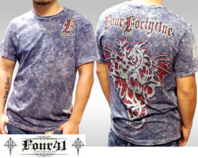 【今だけプロモ価格】【70%OFF セール】Four41 Los Angeles フォーフォーティーワン メンズ ラインストーン Tシャツ シルバードラゴン グレー k-68 スワロフスキー インポート ブランド LAセレブ アフリクション Ed Hardy エドハーディー ファッション ロック スタイル