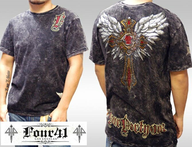 【50%OFF セール】Four41 Los Angeles フォーフォーティーワン メンズ ラインストーン Tシャツ クロス ブラック M-16 スワロフスキー インポート セレブ ブランド ストリート サーフ LAセレブ セレカジ アフリクション Ed Hardy エドハーディー ファッション ロック スタイル