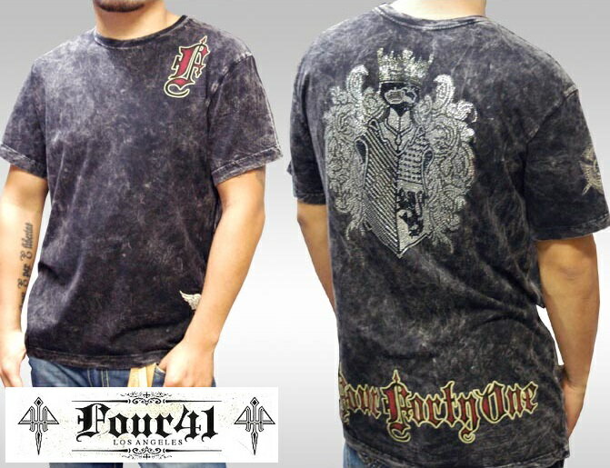 ＼店内全品ポイント11倍／ 50%OFF セール Four41 Los Angeles フォーフォーティーワン メンズ ラインストーン Tシャツ キングエンブレム ブラック M-25 スワロフスキー インポート セレブ ブランド ストリート アフリクション Ed Hardy エドハーディー ロック