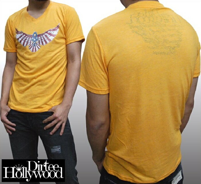 楽天NYST　セレクトショップ ニスト【50％OFF セール】ダーティーハリウッド メンズ Tシャツ Vネック Dirtee Hollywood US FLAG EAGLE イエロー Safari サファリ LEON レオン 雑誌 掲載 ブランド ベッカム リンジー ローハン 芸能人 女優 俳優 多数着用 インポート カジュアル アメカジ スタイル ファッション