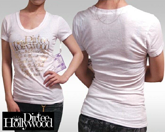 楽天NYST　セレクトショップ ニストダーティーハリウッド レディース Tシャツ Vネック Dirtee Hollywood BRANDED ホワイト ゴールド LA セレブ Safari サファリ LEON レオン オーシャンズ 雑誌 掲載 ブランド ベッカム リンジー ローハン 芸能人 女優 俳優 多数着用 セレブ カジュアル スタイル ファッション