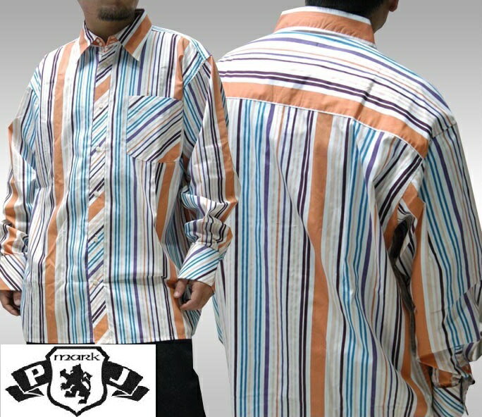 【50%OFF 半額 楽天スーパーセール】PJマーク メンズ カジュアルシャツ ストライプ 長袖 ボタンシャツ PJ MARK ストリート カジュアル スタイル HIPHOP ウェアー ブランド ファッション ヒップホップ ダンス B系 B-Boy オーバーサイズ 服 大きいサイズ ウェア