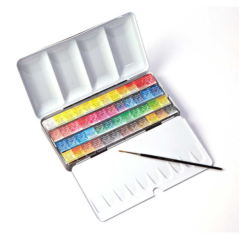 【送料無料】【お取り寄せ品】蜂蜜を使用し伝統的製法で練り上げた最高級 水彩絵具セヌリエ 固形水彩 ハーフパン 48色セット(筆付き) 透明水彩