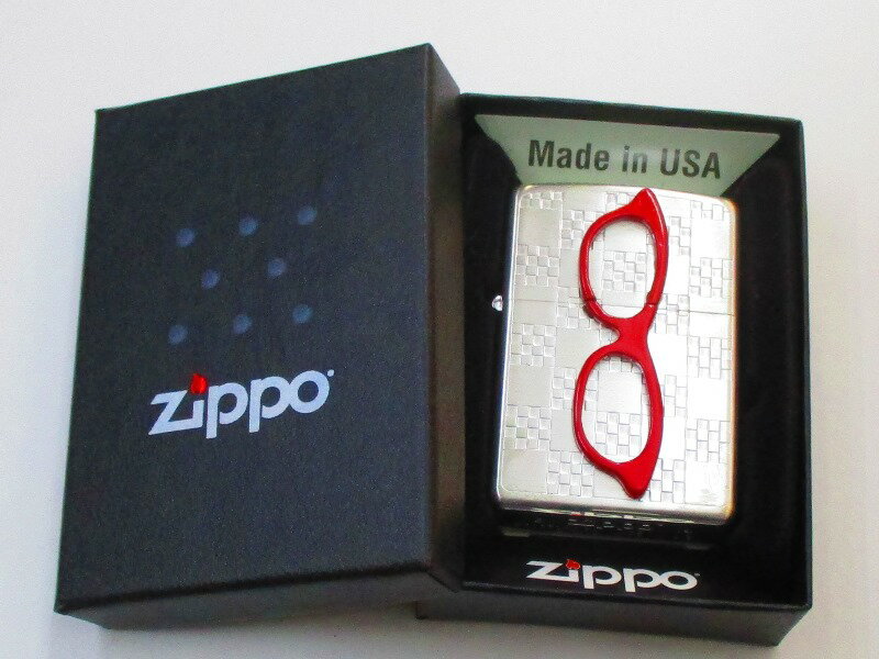 赤い眼鏡 めがね オブジェ貼り シルバー仕上げZippo 2014年5月製 新品 ZB-21 