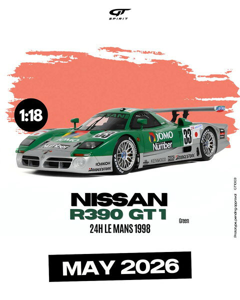 お支払い方法・送料・配送について 予約販売商品についてGT SPIRIT 1/18 日産 R390 GT1 ル・マン 1998 #33 完成品ミニカー GTS1003GT SPIRITより「日産 R390 GT1 ル・マン 1998 #33」の1/18スケールレジンモデルです。■1/18スケール■素材：レジン、他■開閉機構なし■メーカー：GT SPIRIT