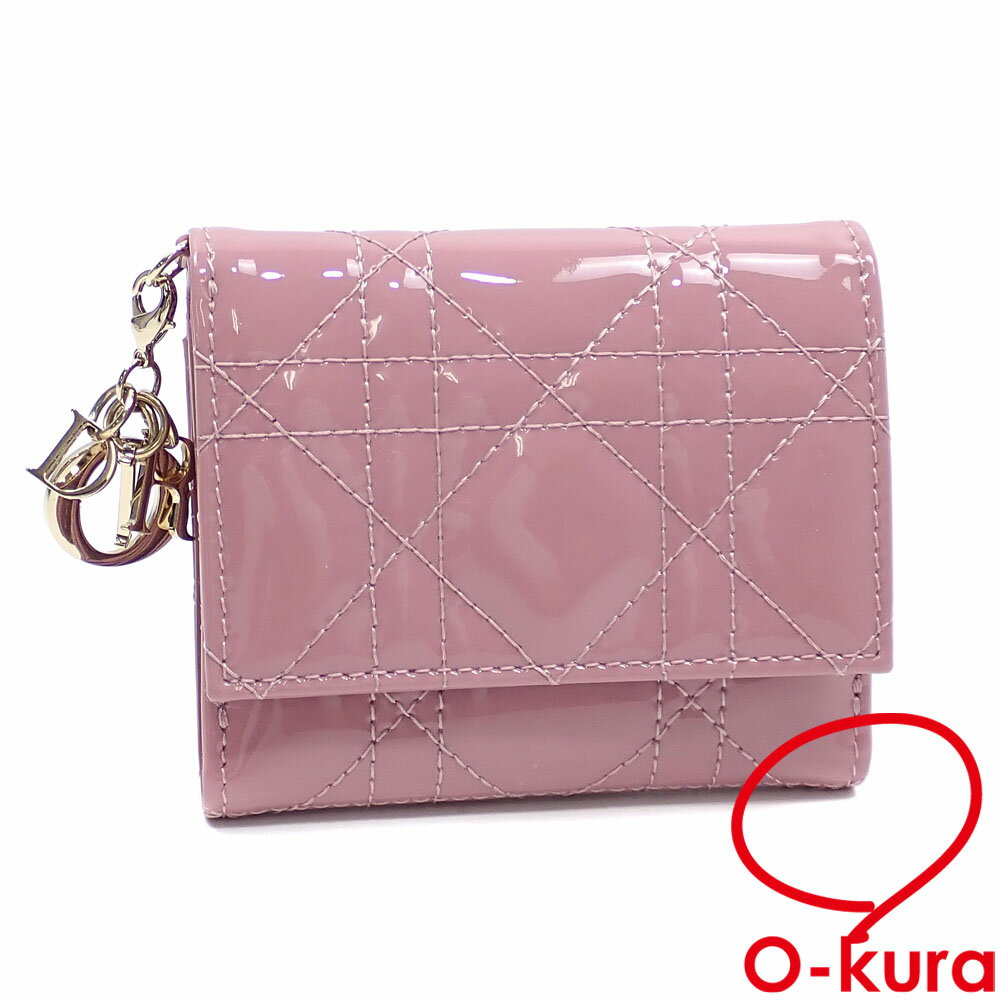 【中古】 クリスチャンディオール 三つ折り財布 Lady Dior ロータスウォレット レディース ラベンダー パテントレザー S0181OVRB_M64P カナージュ