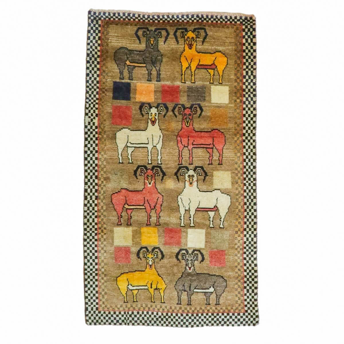 ギャッベ イラン製1970年代 190×103cm 手織り ウール100% 天然素材 草木染 トライバル 絨毯 じゅうたん ラグ マット カーペット ギャベ 動物 (品番:AL-4093）