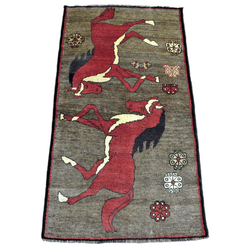 ギャッベ イラン製 185×101cm 手織り ウール100% 天然素材 草木染 トライバル 絨毯 じゅうたん ラグ マット カーペット ギャベ 馬 (品番:AL-4167）