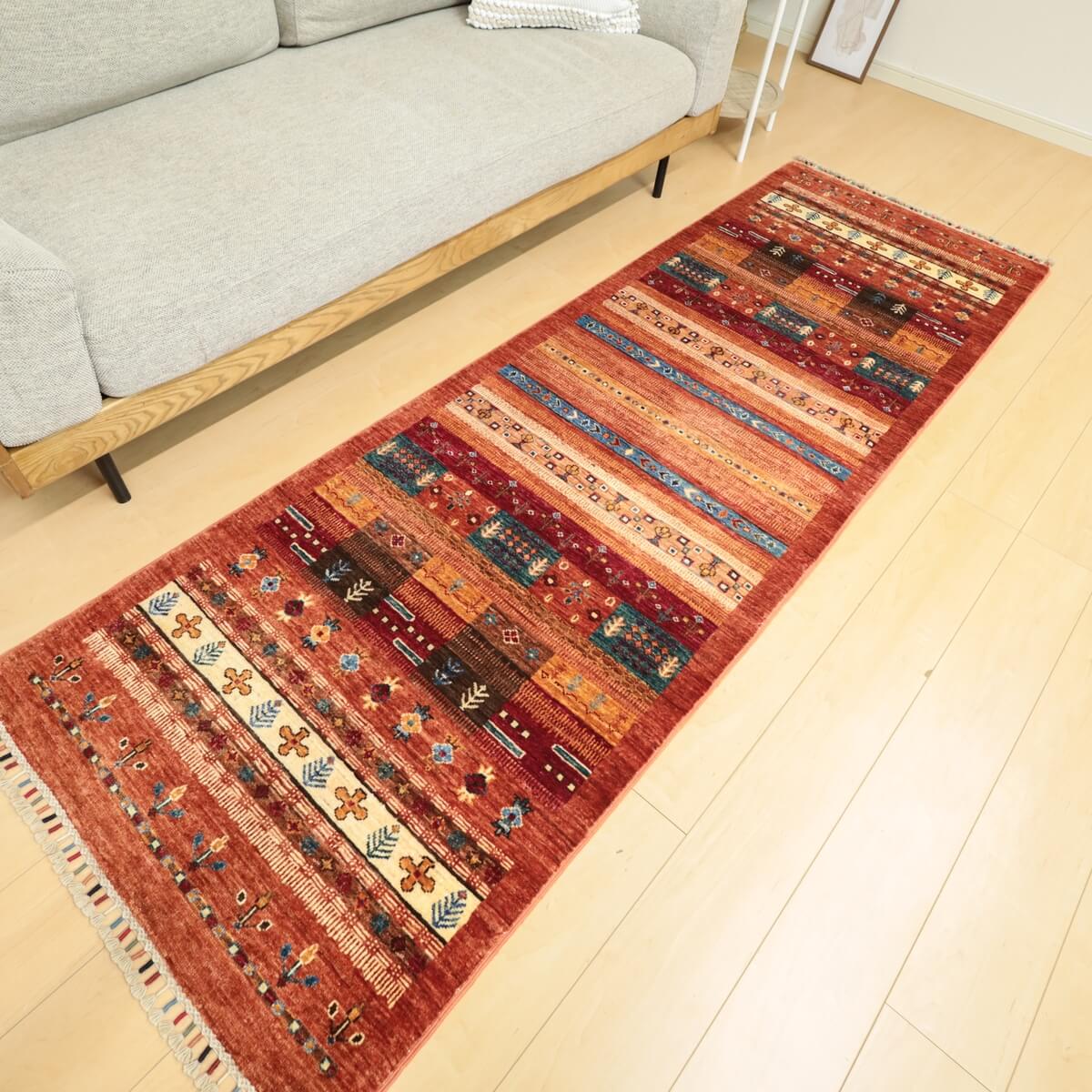 アフガニスタン製 リビングサイズ 245×80cm 手織り 天然 ウール100% 長方形 草木染 おしゃれ かわいい モダン ナチュラル 北欧 ラグ 絨毯 マット ラグマット ギャベ 床暖房対応 ホットカーペット対応 (PR-11717) [2]