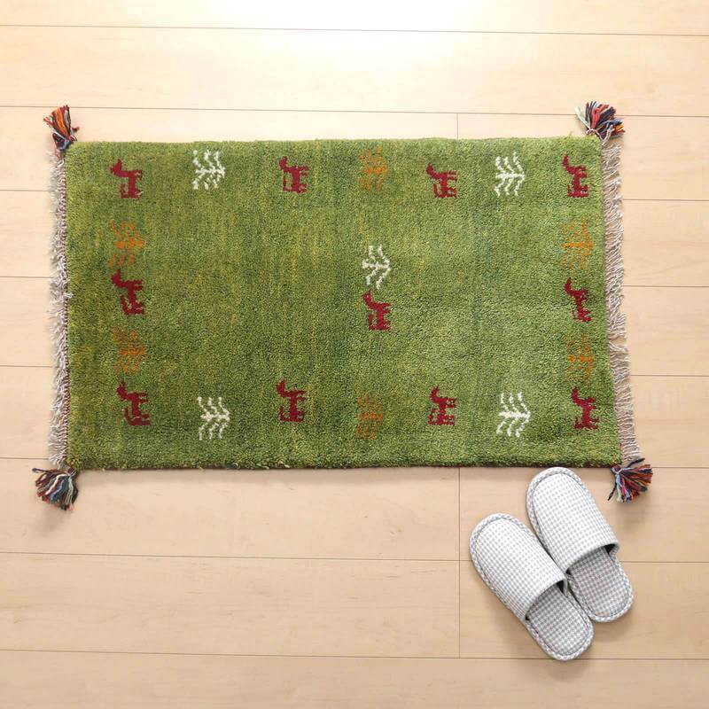 ギャッベ イラン製 玄関マット 90×56cm 手織り 天然 ウール100% 長方形 草木染 モダン ナチュラル 北欧 ラグ 絨毯 マット ラグマット 厚手 屋内 室内 ギャベ 床暖房対応 ホットカーペット対応 (BSS-60947)