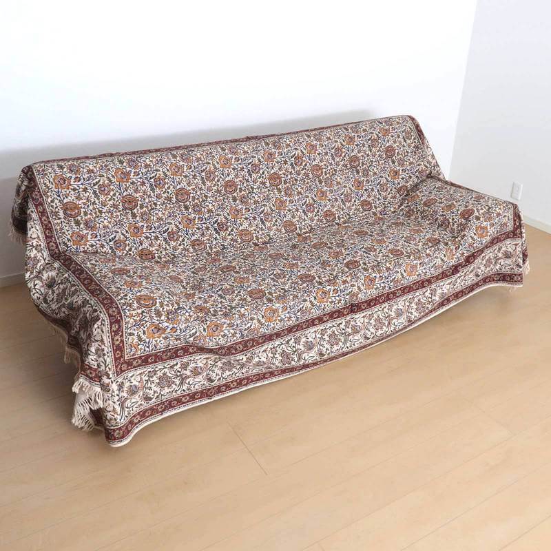 【20%OFFクーポン対象品】ペルシャ更紗 ガラムカール 280×180cm 綿100％ 手染布 マルチカバー ソファーカバー ベッドカバー テーブルクロス アジアン エスニック オリエンタル柄 ベージュ 赤 ペイズリー 花柄（品番:GC-2811）