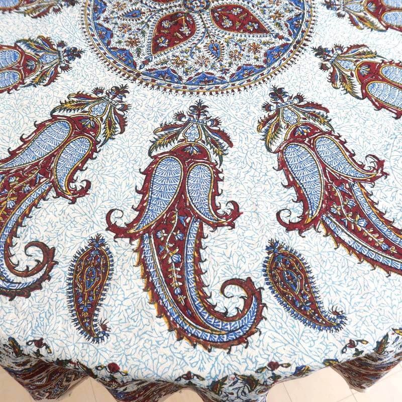 ペルシャ更紗 ガラムカール 150cm円形 イラン産 綿100％ 手染布 テーブルクロス ベージュ 赤 洗える コットン アジアン エスニック オリエンタル柄 ペイズリー 新生活（品番:GM-1505）