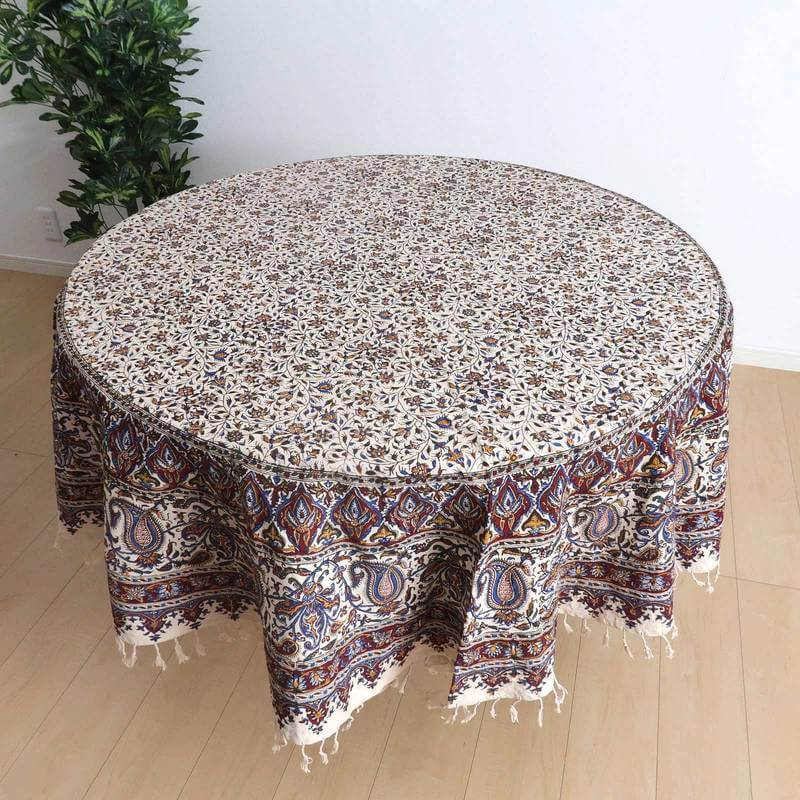 ペルシャ更紗 ガラムカール 180cm円形 イラン産 綿100％ 手染布 マルチカバー ソファーカバー ベッドカバー テーブルクロス アジアン エスニック オリエンタル柄 ベージュ 赤 花柄 （品番:GM-1808）