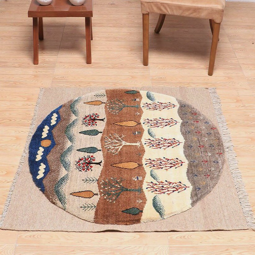 ギャッベ イラン製 リビングサイズ 105×101cm 手織り 天然 ウール100% 長方形 草木...