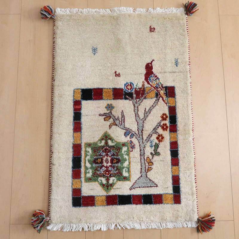 ギャッベルリバフ イラン製 91×60cm 手織り 最高級 天然 ウール100% 草木染 玄関マット 北欧 ラグ 絨毯 マット ラグマット 屋内 室内 ギャベ 床暖房対応 ホットカーペット対応 (HSS-71667）