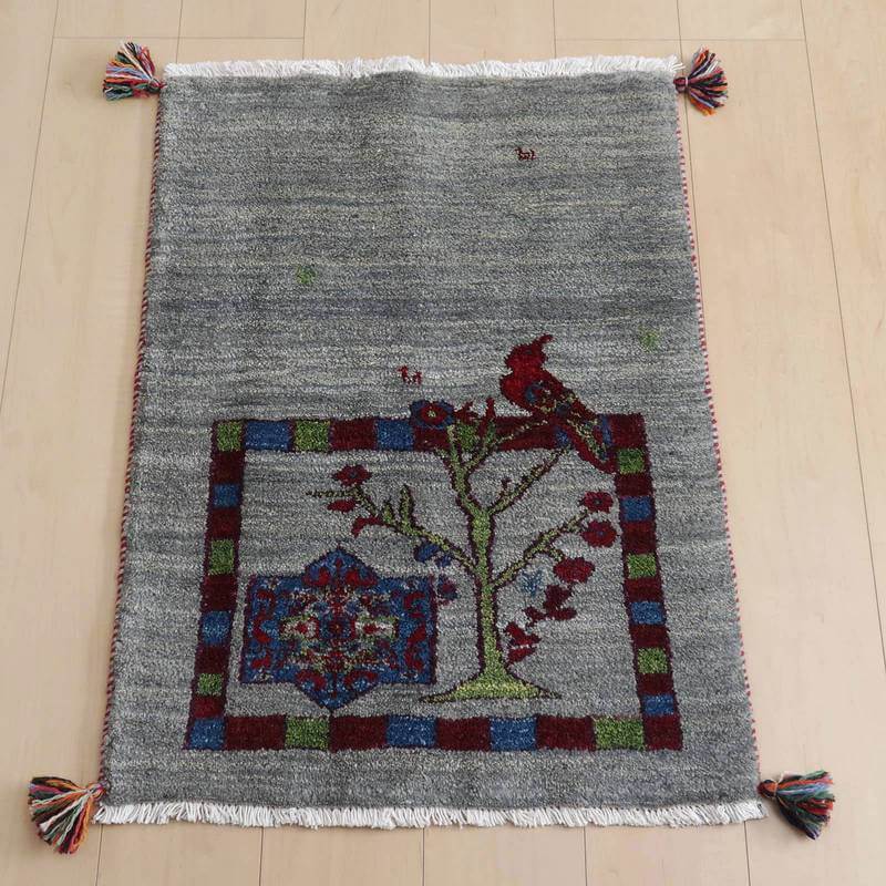 ギャッベルリバフ イラン製 85×63cm 手織り 最高級 天然 ウール100% 草木染 玄関マット 北欧 ラグ 絨毯 マット ラグマット カーペット 屋内 室内 ギャベ 床暖房対応 ホットカーペット対応 (HSS-72468）