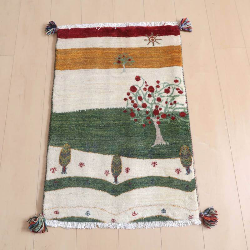 ギャッベルリバフ イラン製 85×57cm 手織り 最高級 天然 ウール100% 草木染 玄関マット おしゃれ かわいい 北欧 ラグ 絨毯 マット ラグマット カーペット 屋内 室内 ギャベ 床暖房対応 ホットカーペット対応 (HSS-73192）