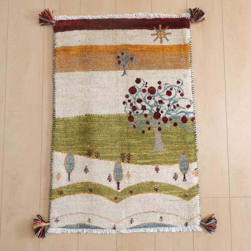 ギャッベルリバフ イラン製 86×60cm 手織り 最高級 天然 ウール100% 草木染 玄関マット おしゃれ かわいい 北欧 ラグ 絨毯 マット ラグマット カーペット 屋内 室内 ギャベ 床暖房対応 ホットカーペット対応 (HSS-73195）