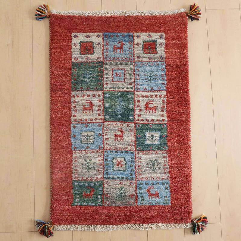 ギャッベカシュクリ イラン製 88×57cm 手織り 最高級 天然 ウール100% 草木染 玄関マット 北欧 ラグ 絨毯 マット ラグマット 屋内 室内 ギャベ 床暖房対応 ホットカーペット対応 (HSS-1202）