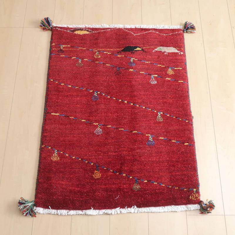 ギャッベルリバフ イラン製 88×67cm 手織り 最高級 天然 ウール100% 草木染 玄関マット 北欧 ラグ 絨毯 マット ラグマット 屋内 室内 ギャベ 床暖房対応 ホットカーペット対応 (HSS-73143）