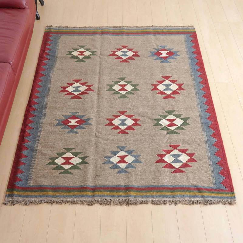 Cotton, Indian Cotton - イラン・シラーズ産 キリム リビングサイズ 193×143cm 手織り ラグ ウール 100% 夏用 洗える ダイニング ベッドルーム ホットカーペット対応 床暖房対応 ラグマット 絨毯 キリム柄 kilim グレー （品番:KL-379）