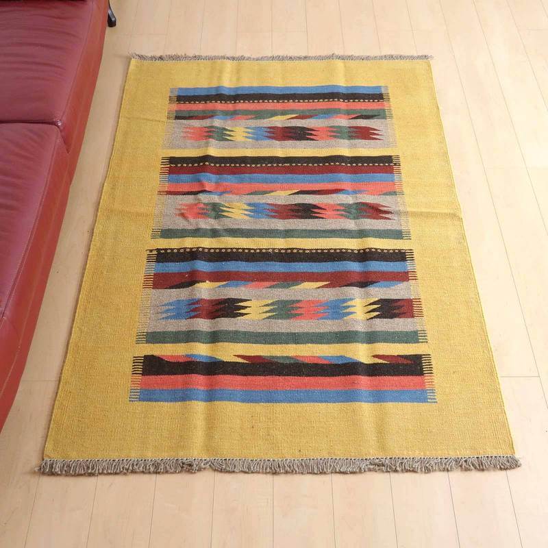Rakuten - イラン・シラーズ産 キリム リビングサイズ 186×125cm 手織り ラグ ウール 100% 夏用 洗える ダイニング ベッドルーム ホットカーペット対応 床暖房対応 ラグマット 絨毯 キリム柄 kilim 黄 （品番:KL-393）