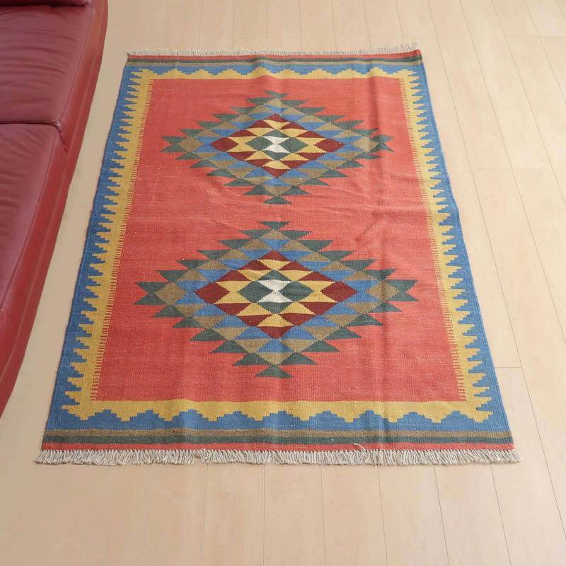 樂天商城 - イラン・シラーズ産 キリム リビングサイズ 195×128cm 手織り ラグ ウール 100% 夏用 洗える ダイニング ベッドルーム ホットカーペット対応 床暖房対応 ラグマット 絨毯 キリム柄 kilim ピンク （品番:KL-405）