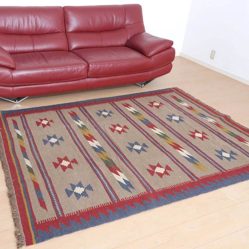 イラン・シラーズ産 キリム リビングサイズ 214×153cm 手織り ラグ ウール 100% 夏用 洗える ダイニング ベッドルーム ホットカーペット対応 床暖房対応 ラグマット 絨毯 キリム柄 kilim ボーダー (品番:KL-75)