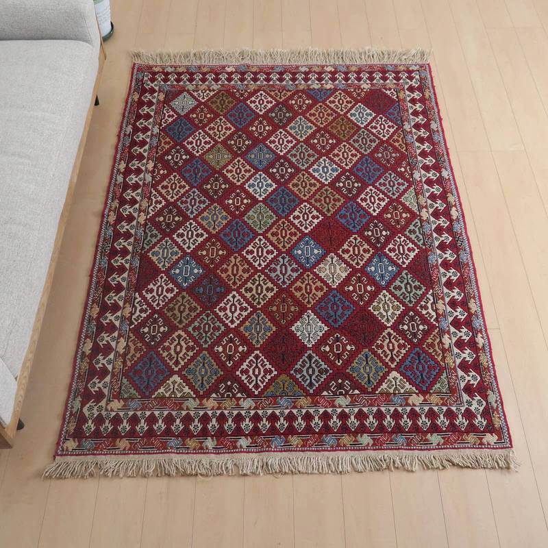 Patterned - イラン・アゼルバイジャン産 キリム リビングサイズ 203×147cm 手織り ラグ ウール 100% エスニック アジアン 夏用 洗える ダイニング ベッドルーム ホットカーペット対応 床暖房対応 ラグマット 絨毯 kilim （品番:KL-970）