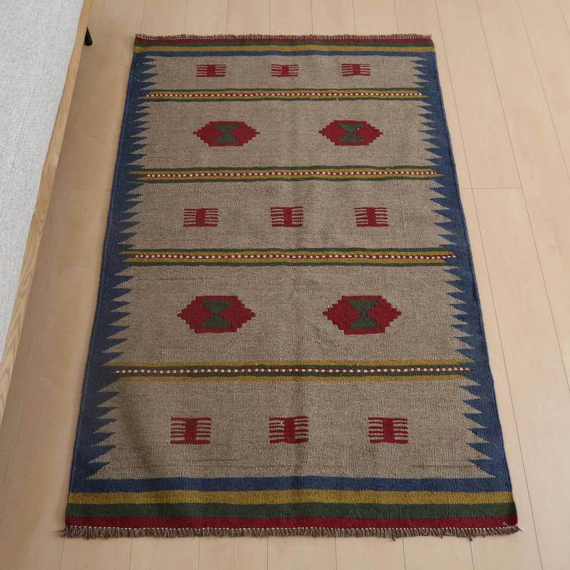 4.5帖用（261 cm×261 cm） - イラン・シラーズ産 キリム アクセントサイズ 159×104cm 手織り ラグ ウール 100% おしゃれ 北欧 ナチュラル 洗える リビング ダイニング ホットカーペット対応 床暖房対応 ラグマット 絨毯 キリム柄 kilim （品番:KM-845）
