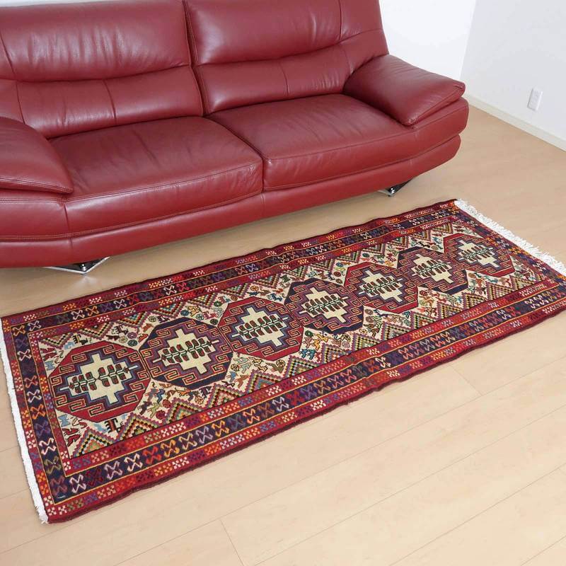 イラン・アゼルバイジャン産 キリム 細長 ランナー 209×85cm 手織り ラグ ウール 100% 洗える キッチンマット 廊下敷 ベッドサイド ロングラグ ホットカーペット対応 床暖房対応 ラグマット 絨毯 キリム柄 kilim 赤 (品番:KR-266)