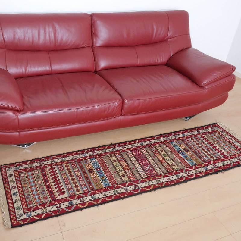 イラン・アゼルバイジャン産 キリム 細長 ランナー 194×51cm 手織り ラグ ウール 100% 洗える キッチンマット 廊下敷 ベッドサイド ロングラグ ホットカーペット対応 床暖房対応 ラグマット 絨毯 キリム柄 kilim 赤 (品番:KR-41) [2]