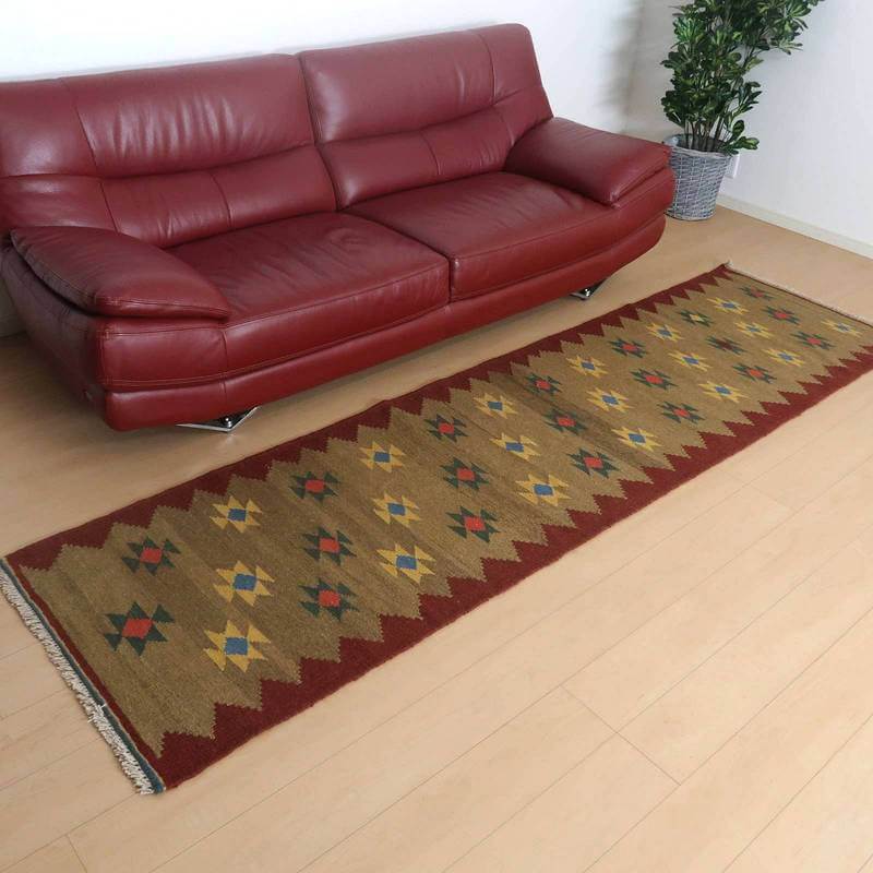 イラン・シラーズ産 キリム 細長 ランナー 288×82cm 手織り ラグ ウール 100% 洗える キッチンマット 廊下敷 ベッドサイド ロングラグ ホットカーペット対応 床暖房対応 ラグマット 絨毯 キリム柄 kilim ブラウン (品番:KR-544)