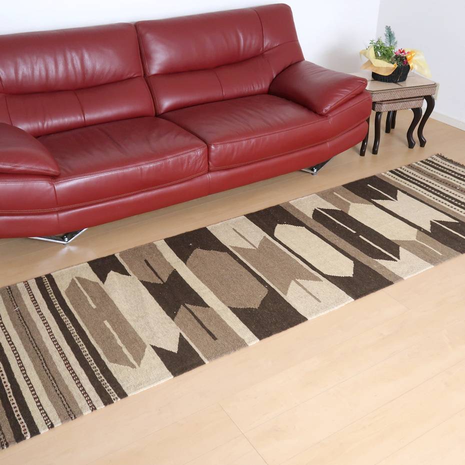 イラン・シラーズ産 キリム 細長 ランナー 294×83cm 手織り ラグ ウール 100% 洗える キッチンマット 廊下敷 ベッドサイド ロングラグ ホットカーペット対応 床暖房対応 ラグマット 絨毯 キリム柄 kilim モノトーン (品番:KR-66245)