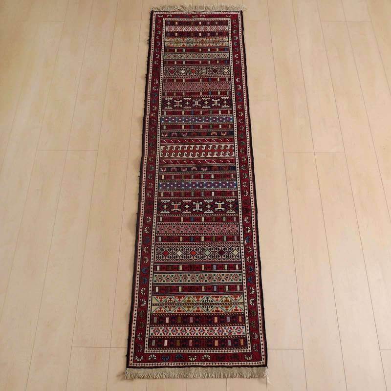 樂天商城 - イラン・アゼルバイジャン産 キリム 細長 ランナー 198×55cm 手織り ラグ ウール 100% 洗える キッチンマット 廊下敷 ベッドサイド ロングラグ ホットカーペット対応 床暖房対応 ラグマット 絨毯 キリム柄 kilim （品番:KR-725）