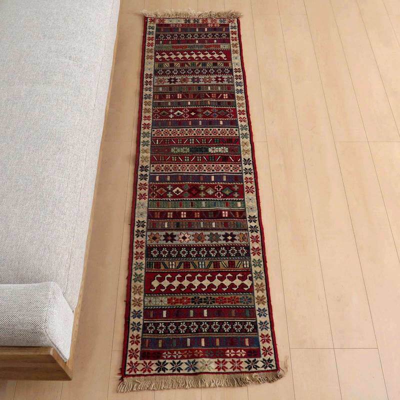 Rakuten - イラン・アゼルバイジャン産 キリム 細長 ランナー 190×52cm 手織り ラグ ウール 100% 洗える キッチンマット 廊下敷 ベッドサイド ロングラグ ホットカーペット対応 床暖房対応 ラグマット 絨毯 キリム柄 kilim （品番:KR-788）