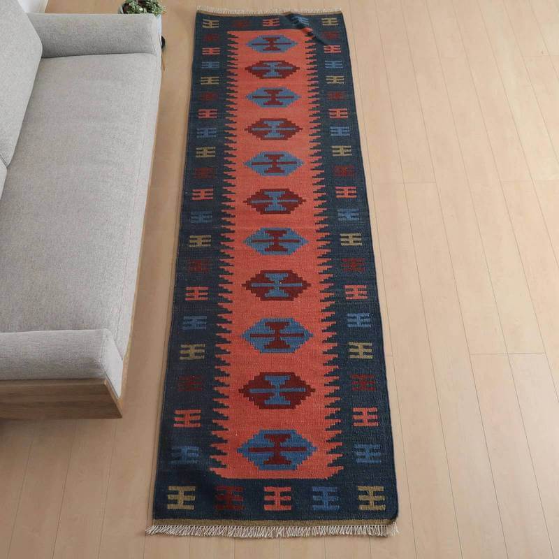 Rattan - イラン・シラーズ産 キリム 細長 ランナー 289×87cm 手織り ラグ ウール 100% 洗える キッチンマット 廊下敷 ベッドサイド ロングラグ ホットカーペット対応 床暖房対応 ラグマット 絨毯 キリム柄 kilim（品番:KR-806）